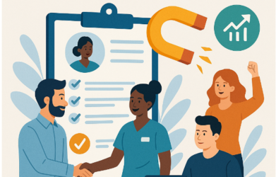 Visuel illustrant le recrutement et la fidélisation des aides à domicile. Une équipe RH accueille une nouvelle intervenante à domicile, symbolisant une intégration réussie. Une fiche de poste validée, un aimant attirant les talents et une courbe de performance illustrent les leviers pour attirer, intégrer et motiver les professionnels du secteur médico-social.