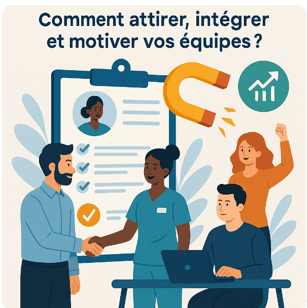 Visuel illustrant le recrutement et la fidélisation des aides à domicile. Une équipe RH accueille une nouvelle intervenante à domicile, symbolisant une intégration réussie. Une fiche de poste validée, un aimant attirant les talents et une courbe de performance illustrent les leviers pour attirer, intégrer et motiver les professionnels du secteur médico-social.