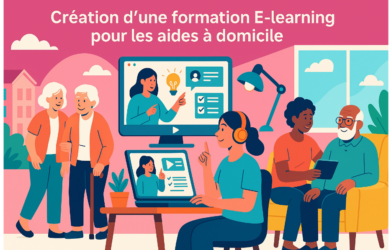 Illustration colorée représentant la formation e-learning pour les aides à domicile, avec des scènes montrant des professionnels sur le terrain et l'utilisation d'outils numériques pour l'apprentissage.