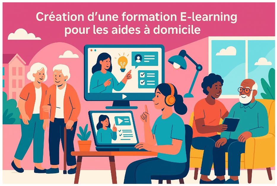 Illustration colorée représentant la formation e-learning pour les aides à domicile, avec des scènes montrant des professionnels sur le terrain et l'utilisation d'outils numériques pour l'apprentissage.
